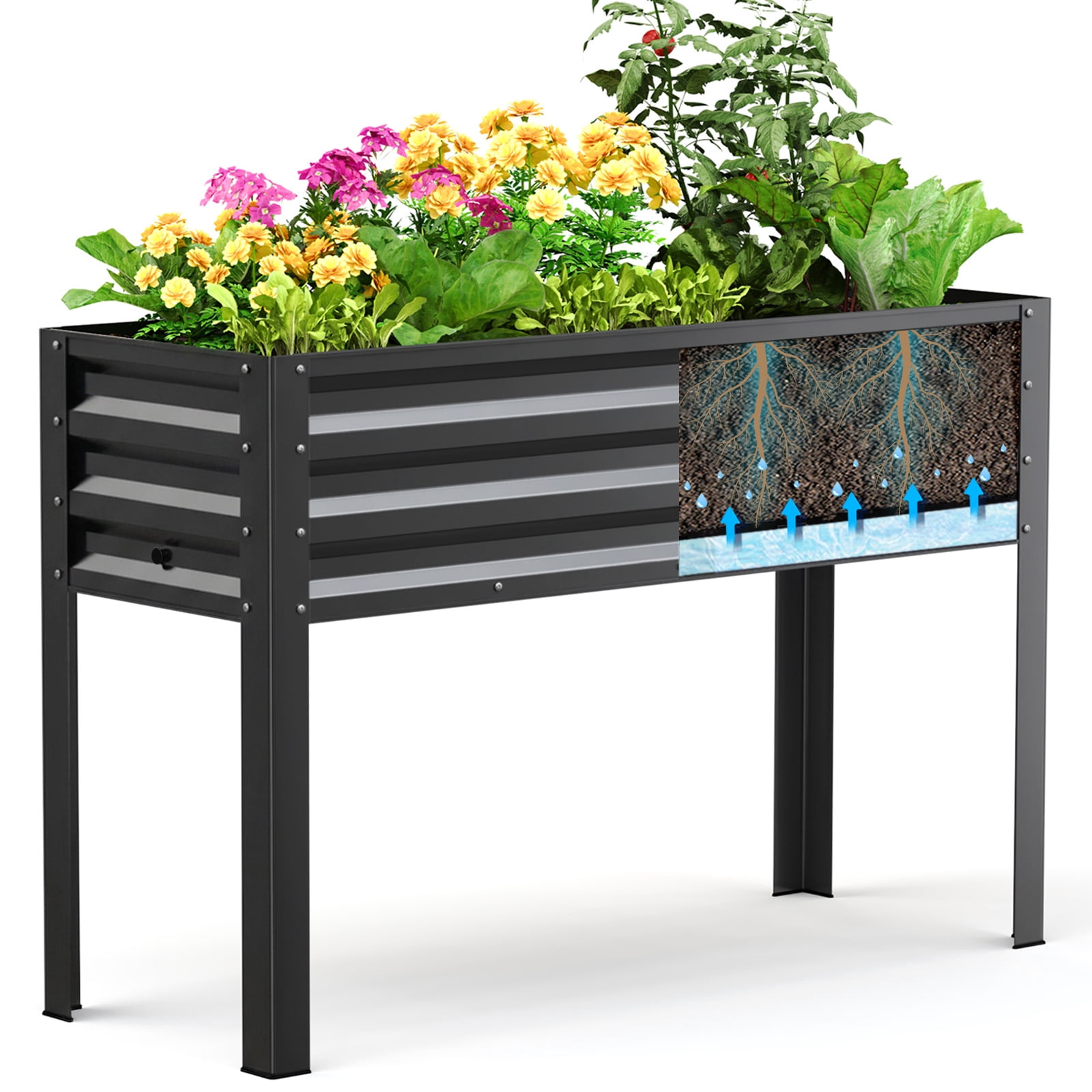 King Bird Galvanized Steel Raised Garden Bed Kit, 48.4"x17"x31.5" Metal Planter Box with Self-Watering Basin Cells, Tall Elevated Garden Bed for Vegetables & Flowers Deep Gray