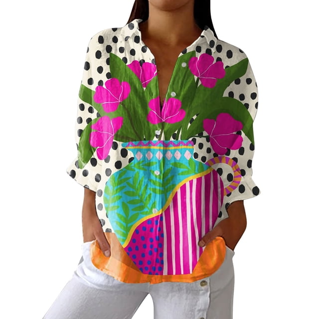 Chemises Femmes Liquidation Chemises Femmes Art Rétro Imprimé Floral Chemise Art Décontractée Col en V