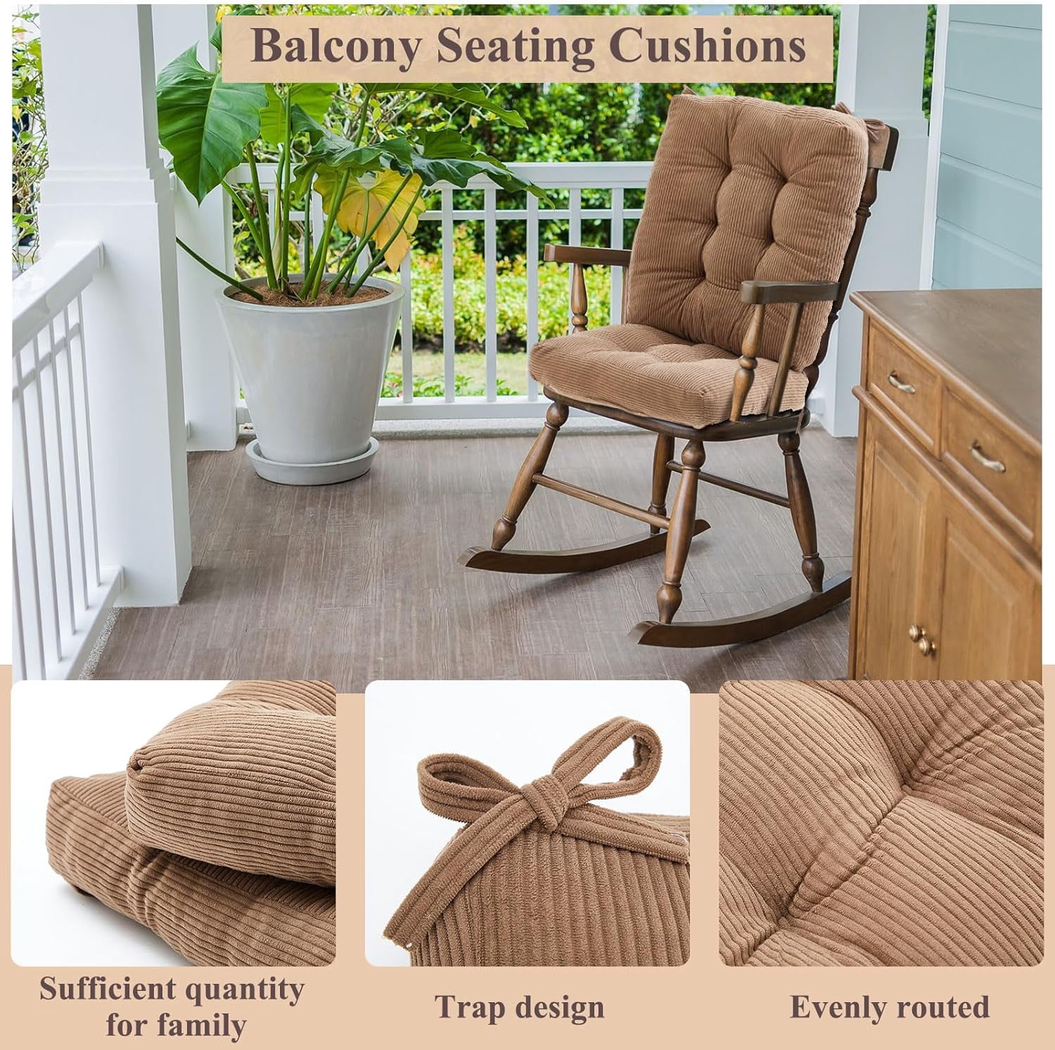 4 Set Outdoor Patio Chair Cushions Corduroy Seat High Back Tufted Pillow Replacement Rocking Chair Cushions Patio Chair Pads for Autumn Winter Seasonal Indoor Home Office (Khaki)
