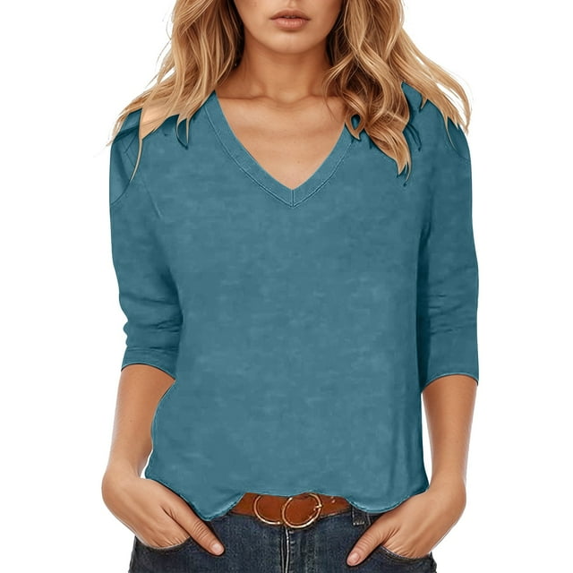 Top de mujer con cuello en V, hombros descubiertos y manga tres cuartos - Poliéster y spandex - Tallas S-XXL