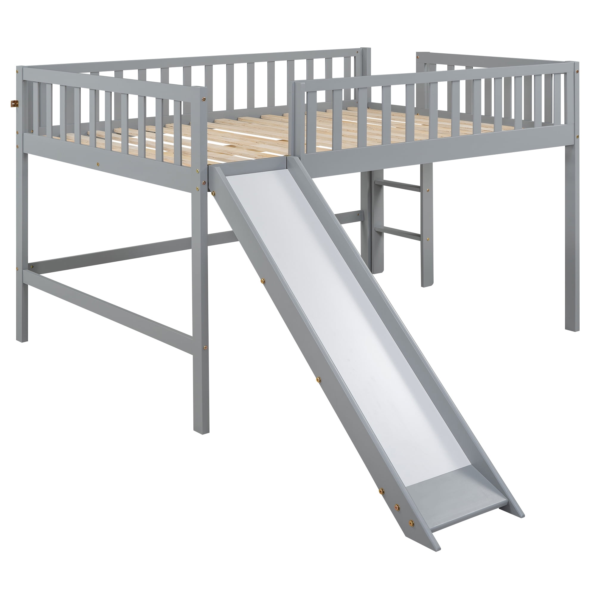 MAYEERTY Full Size Low Loft Bed with Ladder and Slide,Gray