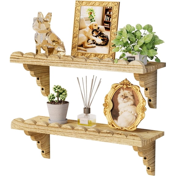 Scalloped Wood Wall Shelf โ 17 Inch Floating Shelf with Wood Brackets, Easy to Install Rustic Wall Shelf for Living Room, Bedroom, Bathroom, or Any Space - Light Brown