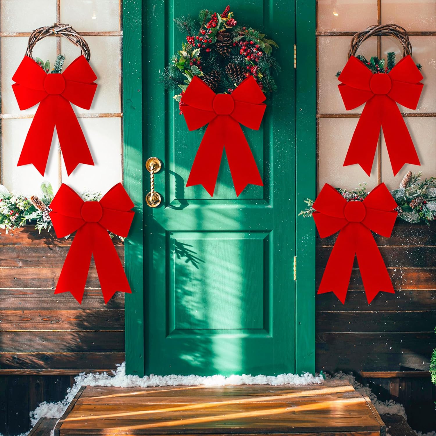 12 PCS Christmas Bows, 9 x 12 Inches Red Bows Christmas Decorations, Velvet PVC Christmas Bows for Wreaths Hanging Christmas Tree Bow Outdoor Indoor Xmas Home Party Supplies for Fence Stairs Door