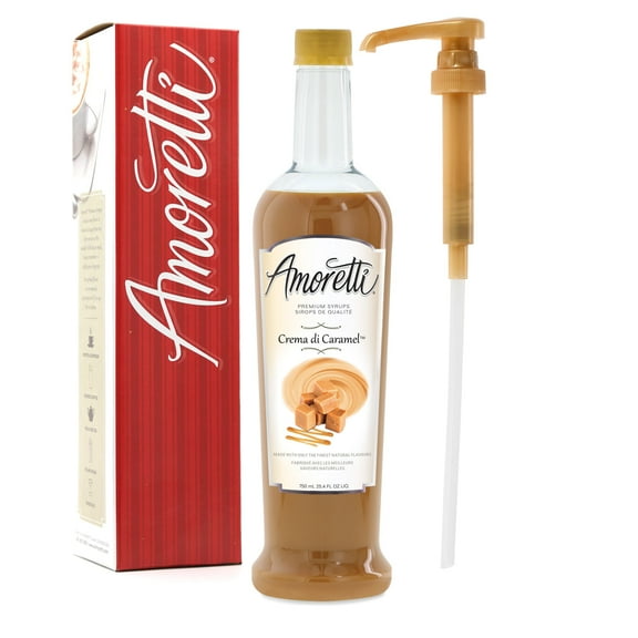 Amoretti - Crema Di Caramelâ„¢ Syrup, 94 Servings Per Bottle (750 ml), with Pump for Flavoring Coffees, Cocktails, and other Beverages, Gluten Free, GMO/GEO Free, Preservative Free