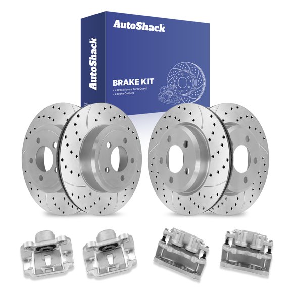 AutoShack Front Vented & Rear Vented Drilled & Slotted Coated Brake Rotors Silver Matte Finish   Calipers 8-PC Brake Kit Replacement for 2010 Dodge Charger 2010 Chrysler 300 TurboGuard