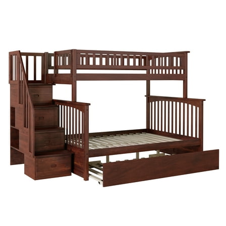 Columbia Staircase Bunk Bed Twin over Full with Full Size Urban Trundle Bed in Walnut