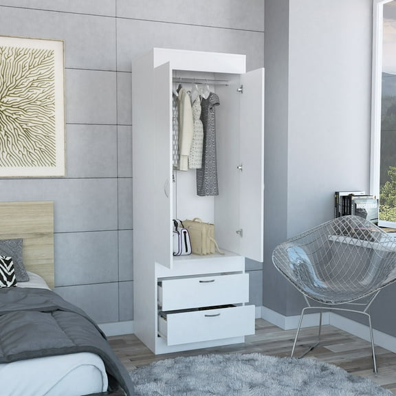Newboti Furniture Lisboa Armoire, Rod, Double Door, Two Drawers, Metal Handles White 92303