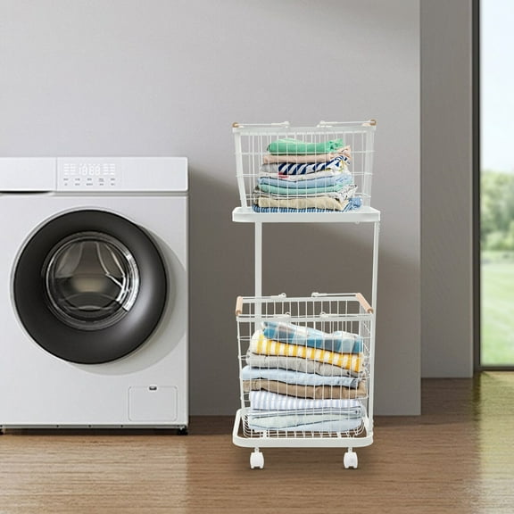 2-Tier White Metal Removable Laundry Basket Dirty Washing Clothe Storage