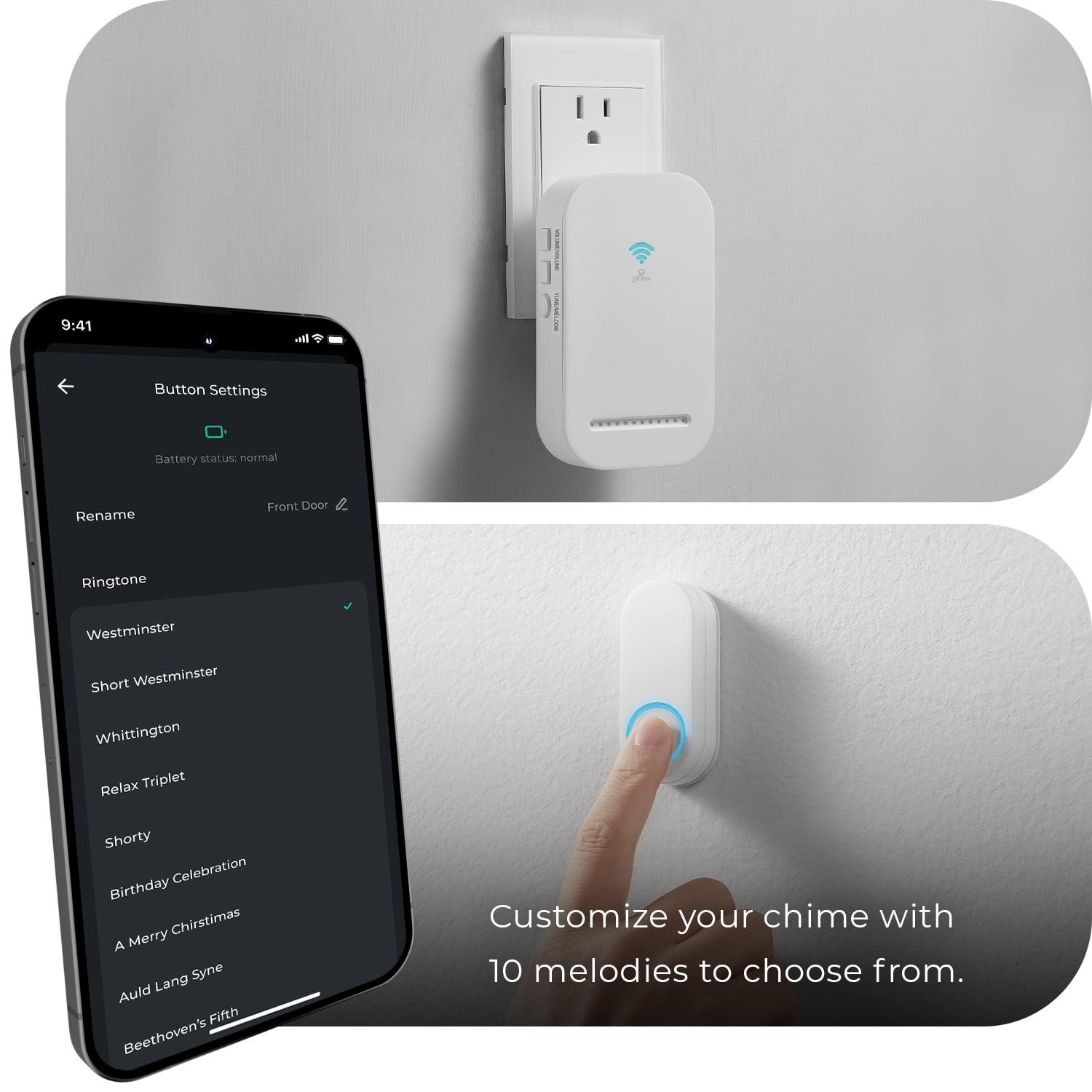 Globe Electric Wi-Fi Smart Wireless Doorbell Chime Kit with Lighted Plug-In Chime and Battery Operated Lighted Doorbell