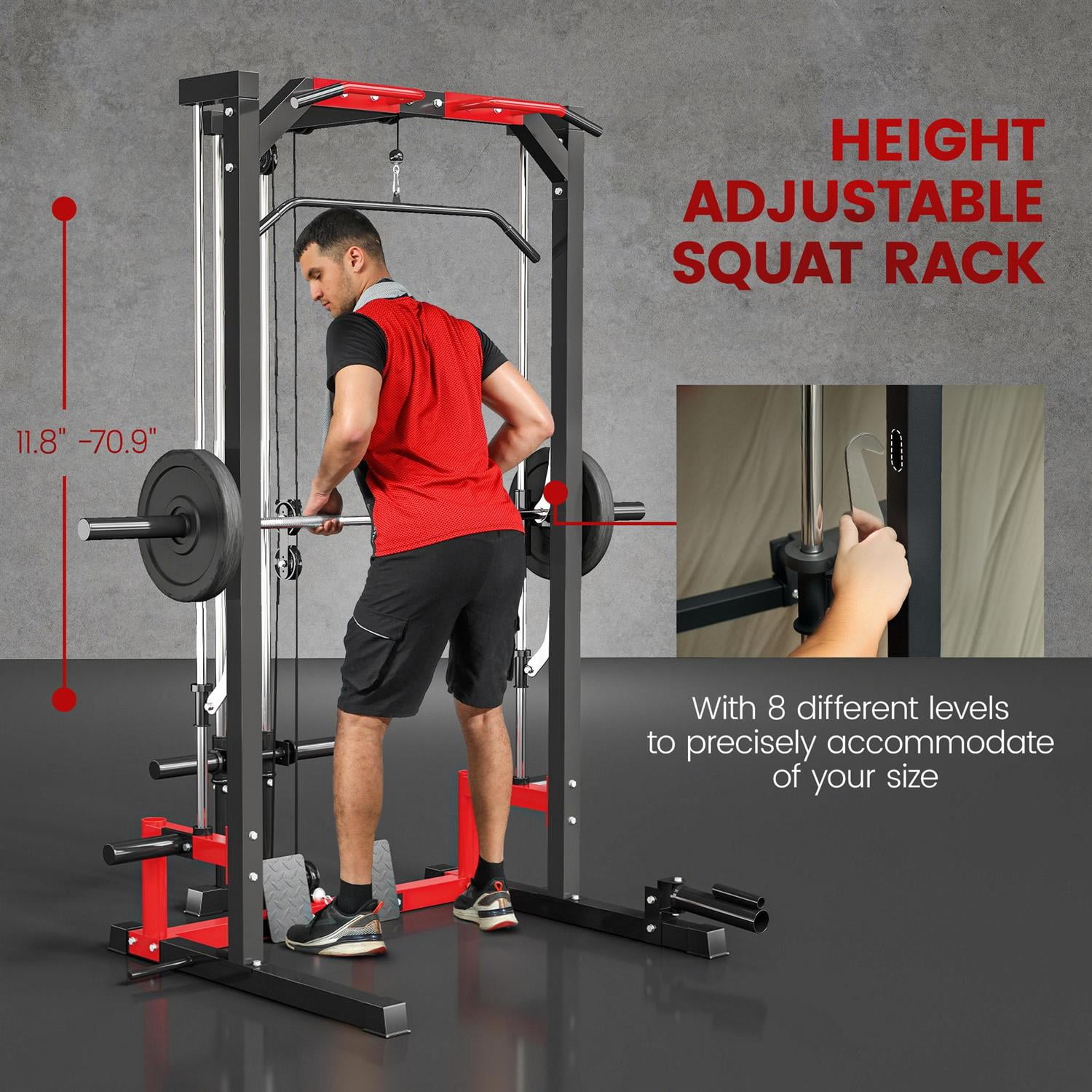 Demi Bonn Multi-Function Smith Machine Strength Rack: Equipped with adjustable pull-up bars, lat pulldown system, mine rack, and squat rack, suitable for home gyms.