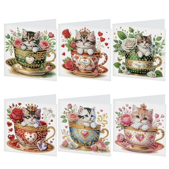6 pcs Diamond Art Painted Greeting Card, Cup Cat 5D DIY Special Shape Diamond Card Creative Gift, Christmas Thanksgiving Greeting Card Congratulation