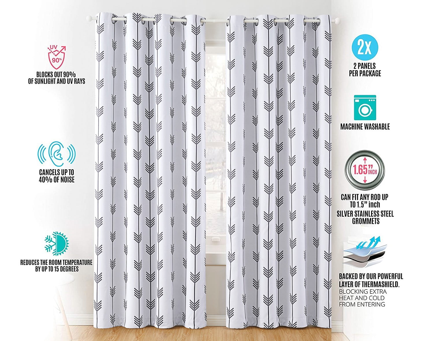 THD Arrow Printed Privacy Blackout Energy Efficient Room Darkening Thermal Grommet Window Curtain Drape Panels for Kids Bedroom - Set of 2 - Platinum White/Grey - 63" inch Long