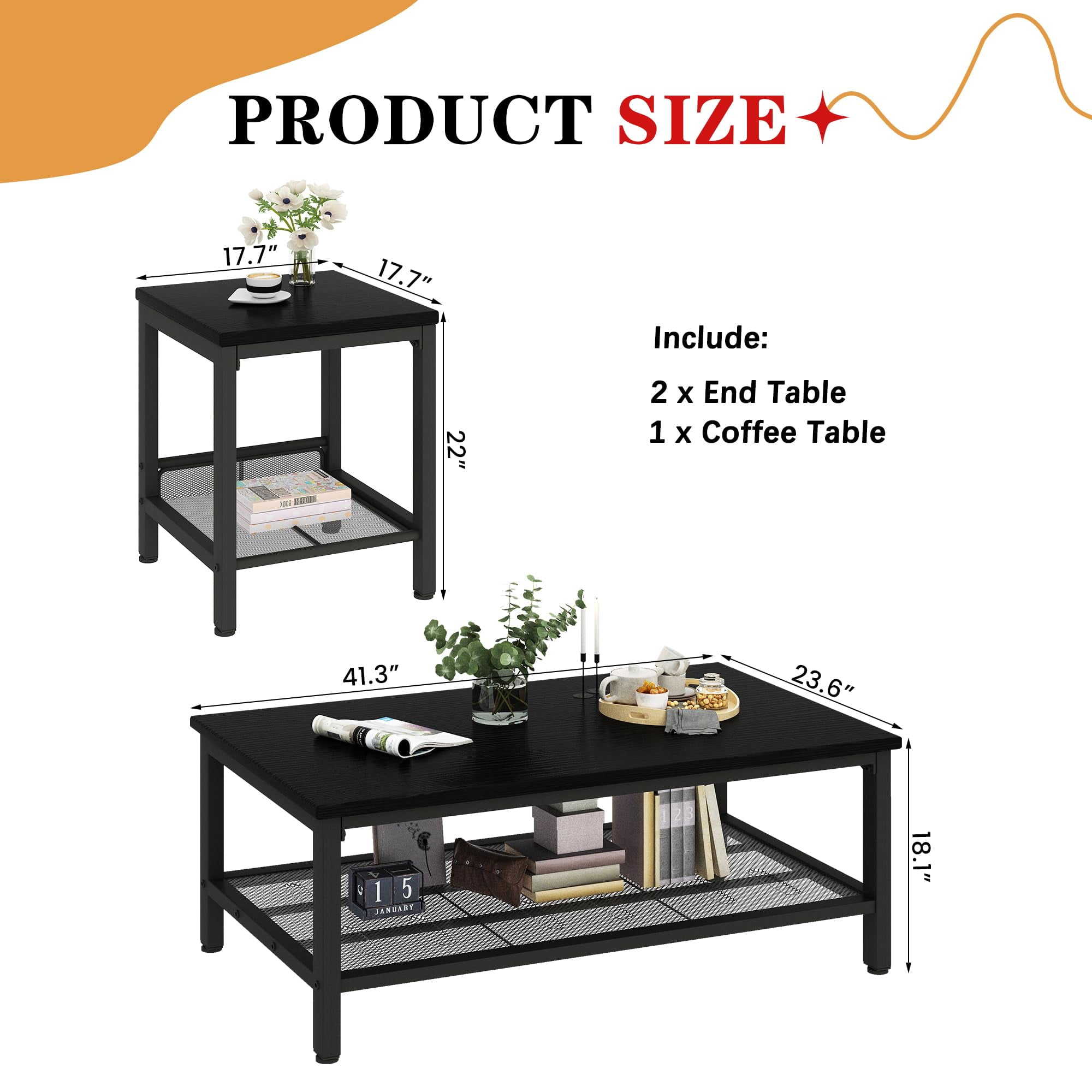 Cvortll Coffee Table Sets 3-Pieces, Modern Wood Coffee Table with 2 Square End Side Tables, Large Sturdy Living Room Table Set for Apartment Home Office, Black