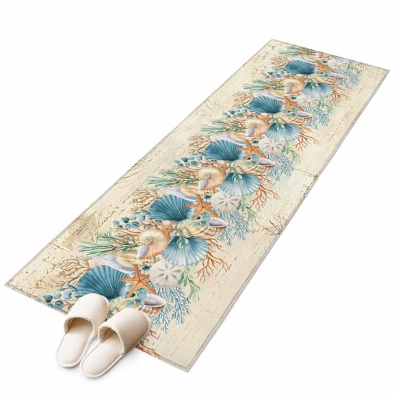 Beach Coastal Beige Area Rugs Collection 2'x6', Nautical Shell Starfish Coral Summer Non Slip Indoor Rectangle Throw Runner Rug Floor Mat Carpet for Living Room Dining Table Bedroom Nursery
