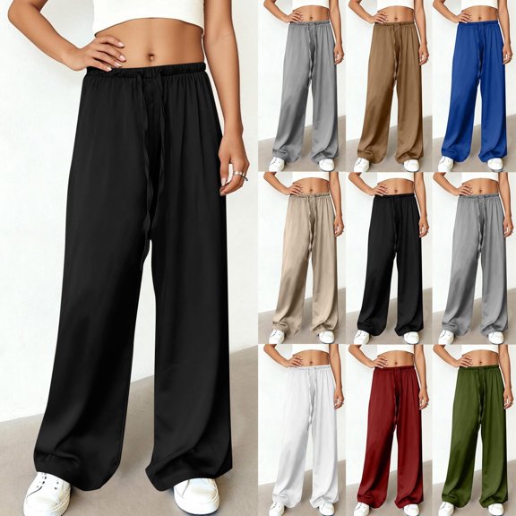 Womens Pants Plus Size Womens Wide Leg Pants Solid Color Pants for Women Elastic Waist Casual Pants With High Elasticity Loose Athletic Pants Black-S