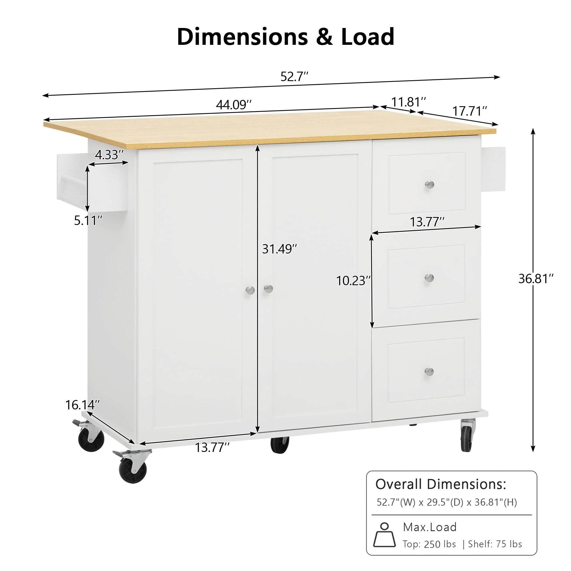 Rolling Kitchen Island Cart with Drop-Leaf, 3 Drawers, Cabinet, Spice Rack, Towel Rack, 5 Casters, 250 lbs Capacity, Mobile Storage for Kitchen Dining