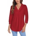 thumbnail image 2 of Blusa Cuello En V Manga 3/4 Color Puro para Mujer Camisa Plisada Suelta Casual para Verano Primavera Rojo S, 2 of 6