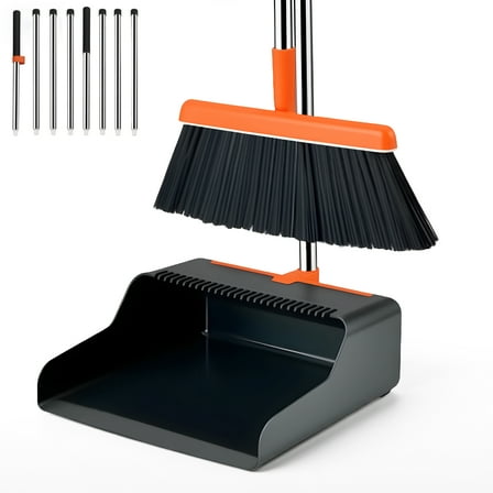 GARITIN Broom and Dustpan Combo Set for Home/Office, Self-Cleaning Dustpan Teeth for Pet Hair, Extendable Long Handle up to 51.2in, Upright Standing Brooms for Sweeping Indoor/Outdoor