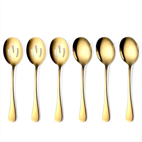 Gold Serving Spoons 6 Pieces, Stainless Steel Utensils with Mirror Polished,3 Spoon and 3 Slotted