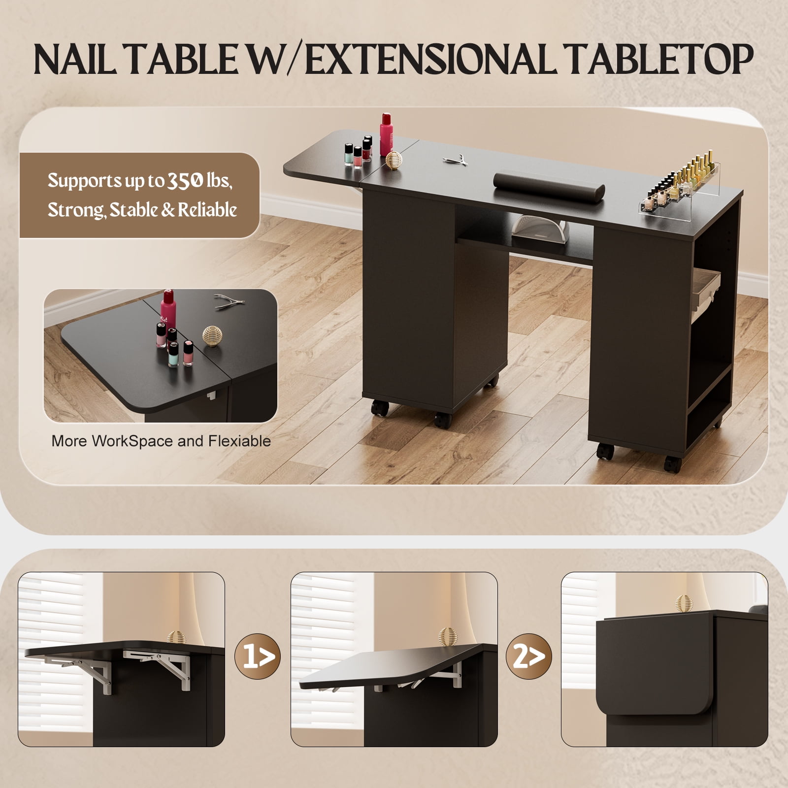 Manicure Station with Storage Drawers and Cabinet, Nail Tech Table with Foldable Tabletop, Nail Station with Lockable Wheels, Wrist Cushion, Nail Organizer & Foldable Trash Rack(Black)