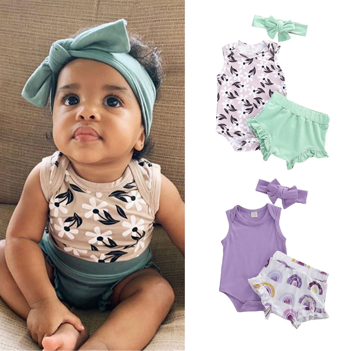 3Pcs Newborn Kids Outfits Baby Girl Romper Bodysuit+Shorts+Headband Clothes Set 3Pcs Newborn Kids Outfits Baby Girl Romper Bodysuit+Shorts+Headband Clothes Set