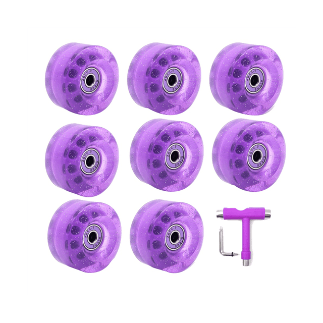 Lot de 8 Roues de Patin à Roulettes 32 x 58 mm 82A avec Roulement, avec Accessoires de Patinage à Roulettes Multifonctions Violet