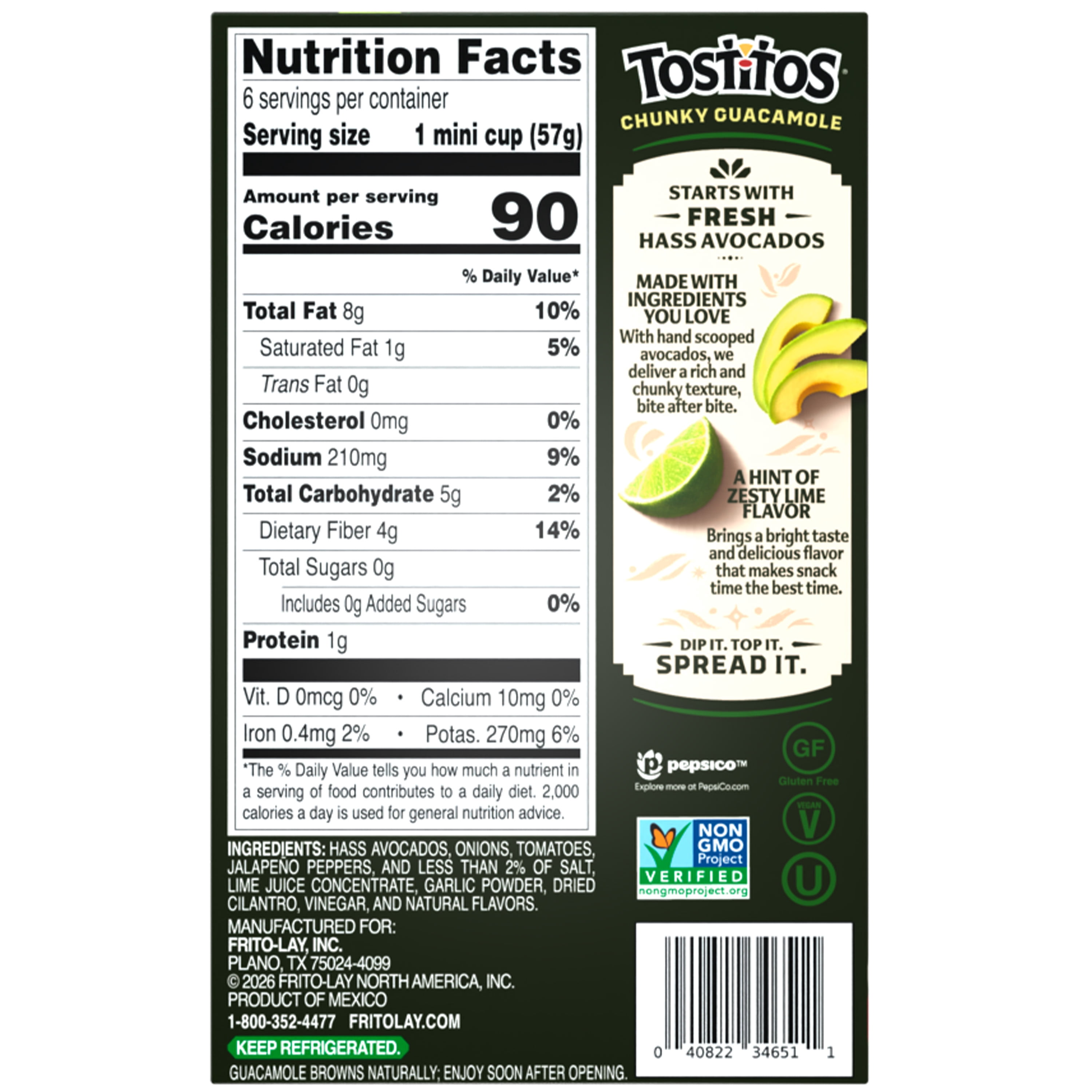 Tostitos Chunky Guacamole, Mild Hint of Lime, 2 oz Mini Cups, 6 Pack