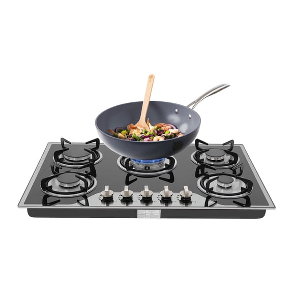 30 Inch Gas Cooktop with 5 Burners, LPG/NG Dual Fuel Stainless Steel Built-In Gas Cooktop Stove for Domestic or Commercial Cooking