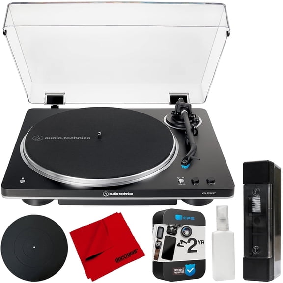 Audio-Technica AT-LP70XBT-BS Fully Automatic Wireless Belt-Drive Turntable Black/Silver Bundle with Rubber Platter Mat, Cleaning Fluid System, Cleaning Cloth and 2 YR CPS Enhanced Protection Pack