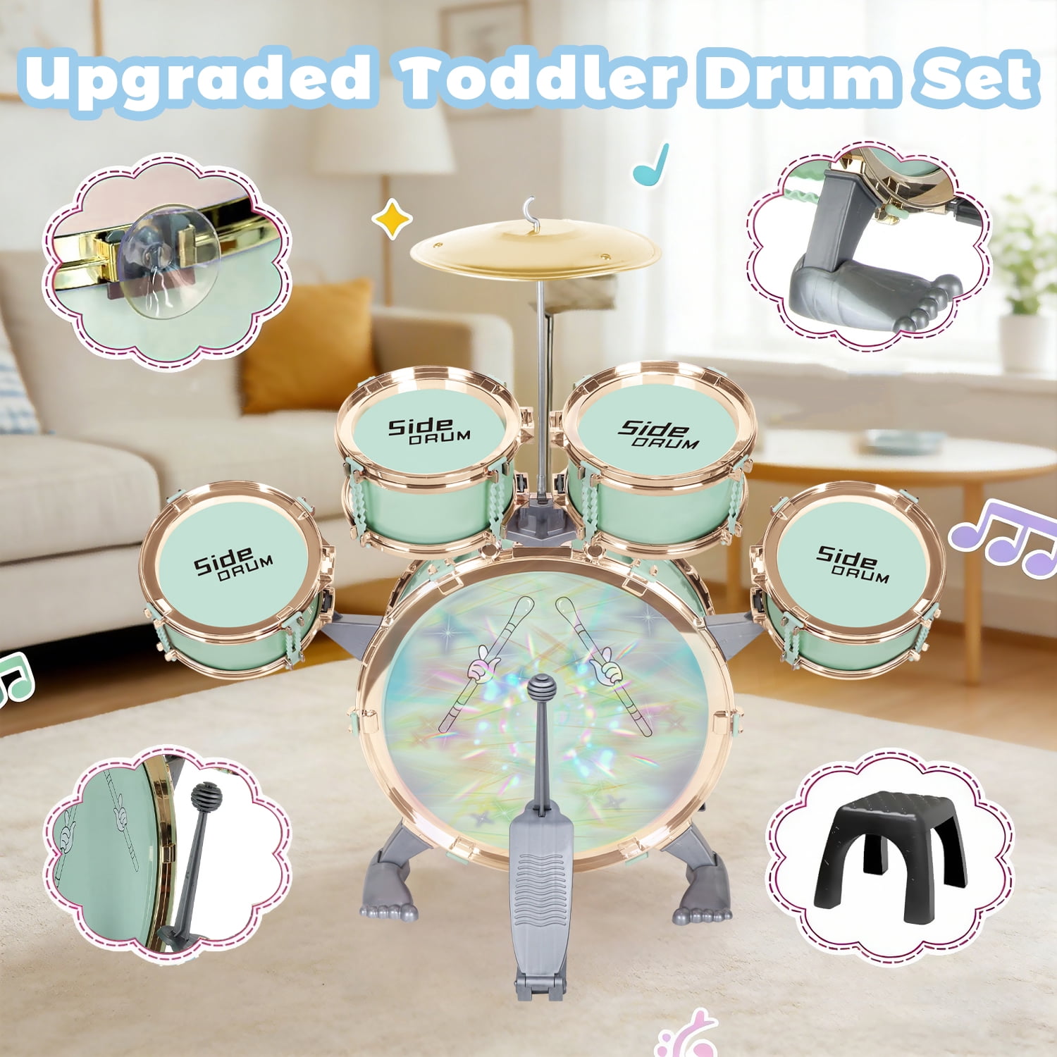 Aijohnny Toddler Light Jazz Drum Set, Musical Kid Drum Set with Stool, Pedal & Drumsticks, Birthday Gifts for Kids 1-3 3-5 5-8 Years Old