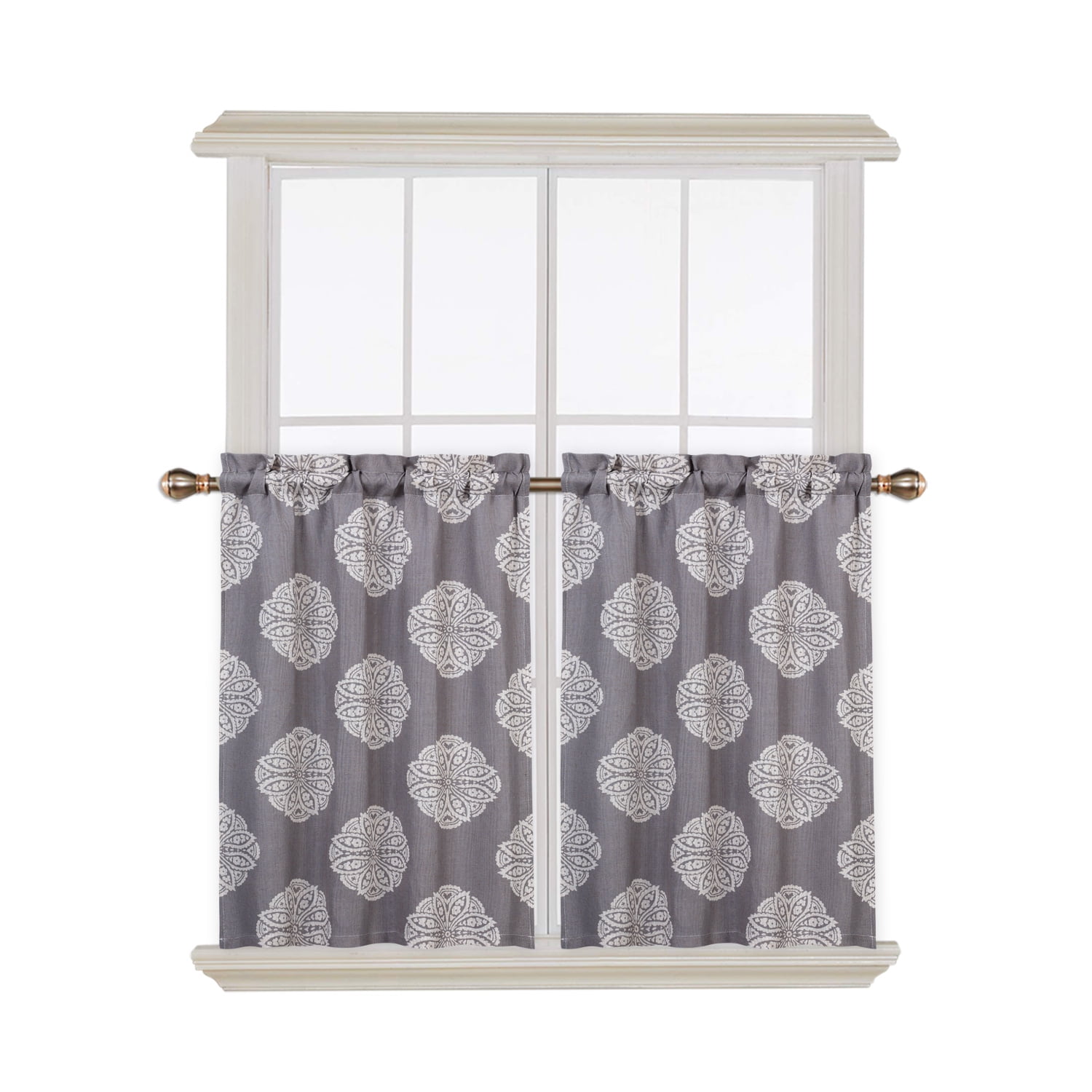 HAEMORE Cafe Curtains Floral Medallion Damask Print Linen Blended Tier Curtains for Kitchen