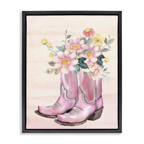 Wildflower Floral Boots Black Framed Floater Canvas Wall Art, design by Kim Allen