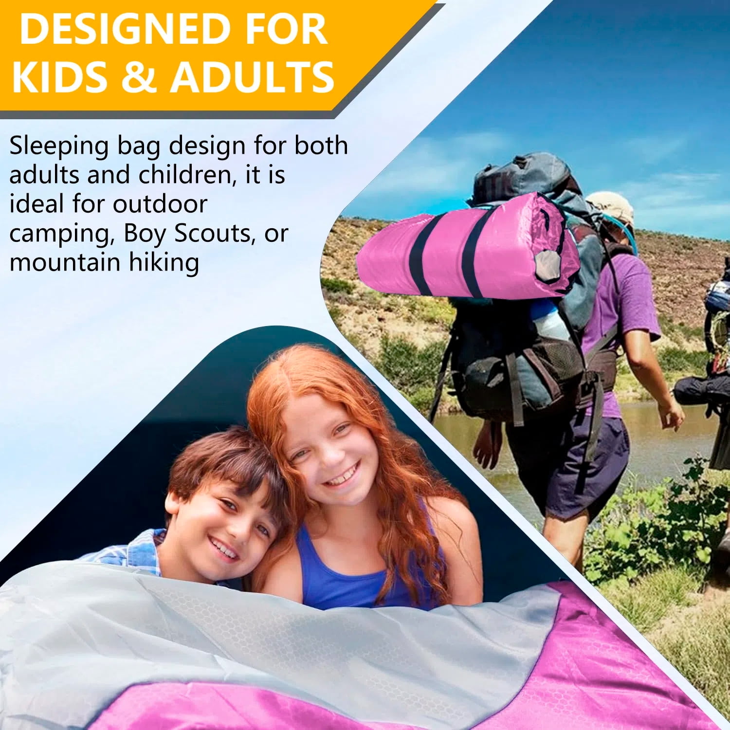 Teblint Camping Sleeping Bag for Adults Kids, Cold Weather Warm Sleeping Bag with Compression Bag for 3 Seasons, Compact Camping Essentials Gear Accessories Hiking Sleep Must Haves-Pink