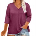 thumbnail image 2 of Pincandy Women Plus Size Neck 3/4 Sleeve Casual Tshirts Loose Basic Tunic Tees Shirts Dressy Casual Henley V-Neck Summer Tops Pleated T-Shirts Loose Fit Tunic Blouses,Purple,XL, 2 of 7
