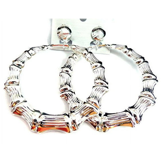 Clip-on Earrings Large Bamboo Hoop Earrings Silver Tone 3 inch