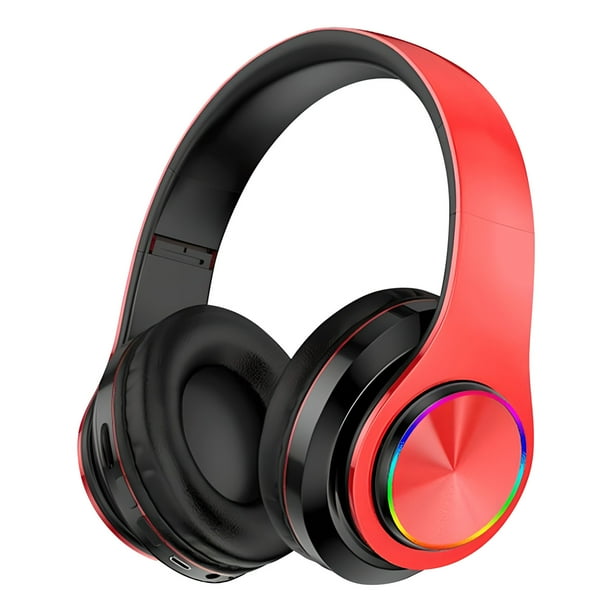 Auriculares LED rojos plegables con Bluetooth 5.0, subwoofer, micrófono integrado, llamada inalámbrica, cancelación de ruido estéreo, almohadillas suaves