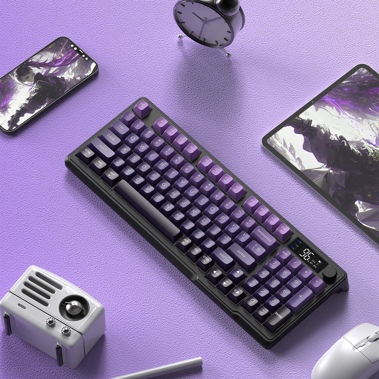 FREEWOLF M96 Wireless Gaming Keyboard Creamy Membrane with Rainbow Backlight,Media Knob,LCD Screen,Dual Mode-Bluetooth/2.4Ghz,Ball Shape PBT Keycap 94 Key...