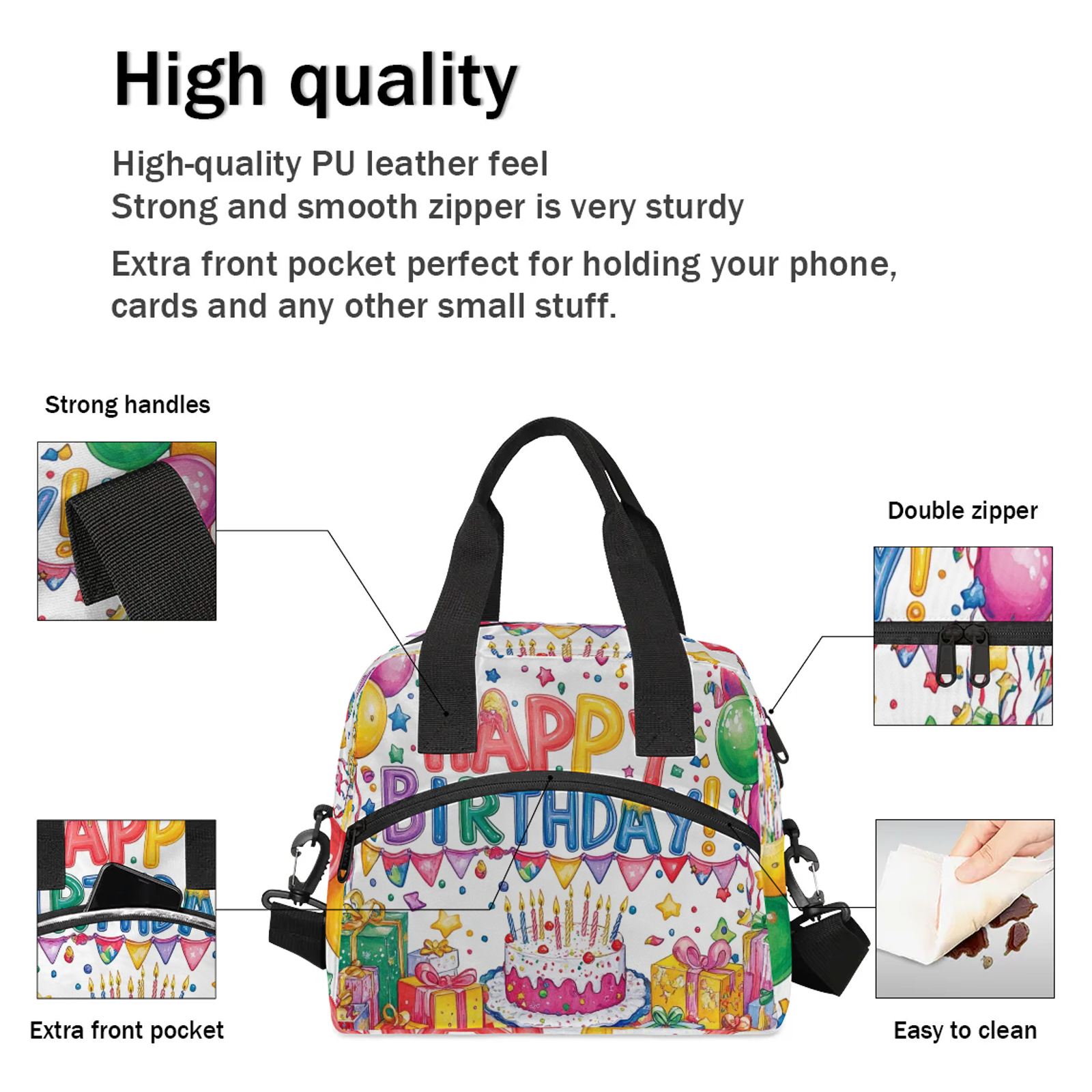 Herdesigns Happy Birthday Lunch Bag for Men Women Adults Colorful Balloons Insulated Lunch Box Leakproof Cooler Tote Bag Organizer with Adjustable Shoulder Strap
