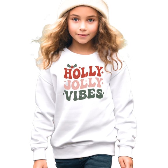 Retro Holly Jolly Vibes Sweatshirt for Women Teens and Girls Distressed Christmas Pullover White Sweatshirt Youth Medium