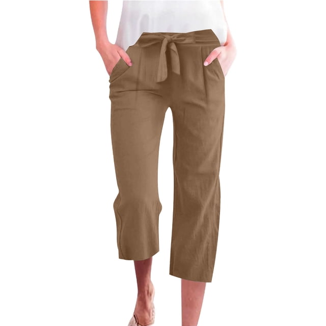 Capris for Women with Tie-Front Waistband, High-Waisted Elastic Drawstring, Pockets, Straight-Leg Fit, Regular Length, Polyester Blend