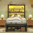 thumbnail image 3 of Patbrela Twin XL Size Bed Frame with 49.2-Inch LED High Headboard and 2-Tier Storage, Metal Platform Bed, Black, 3 of 8