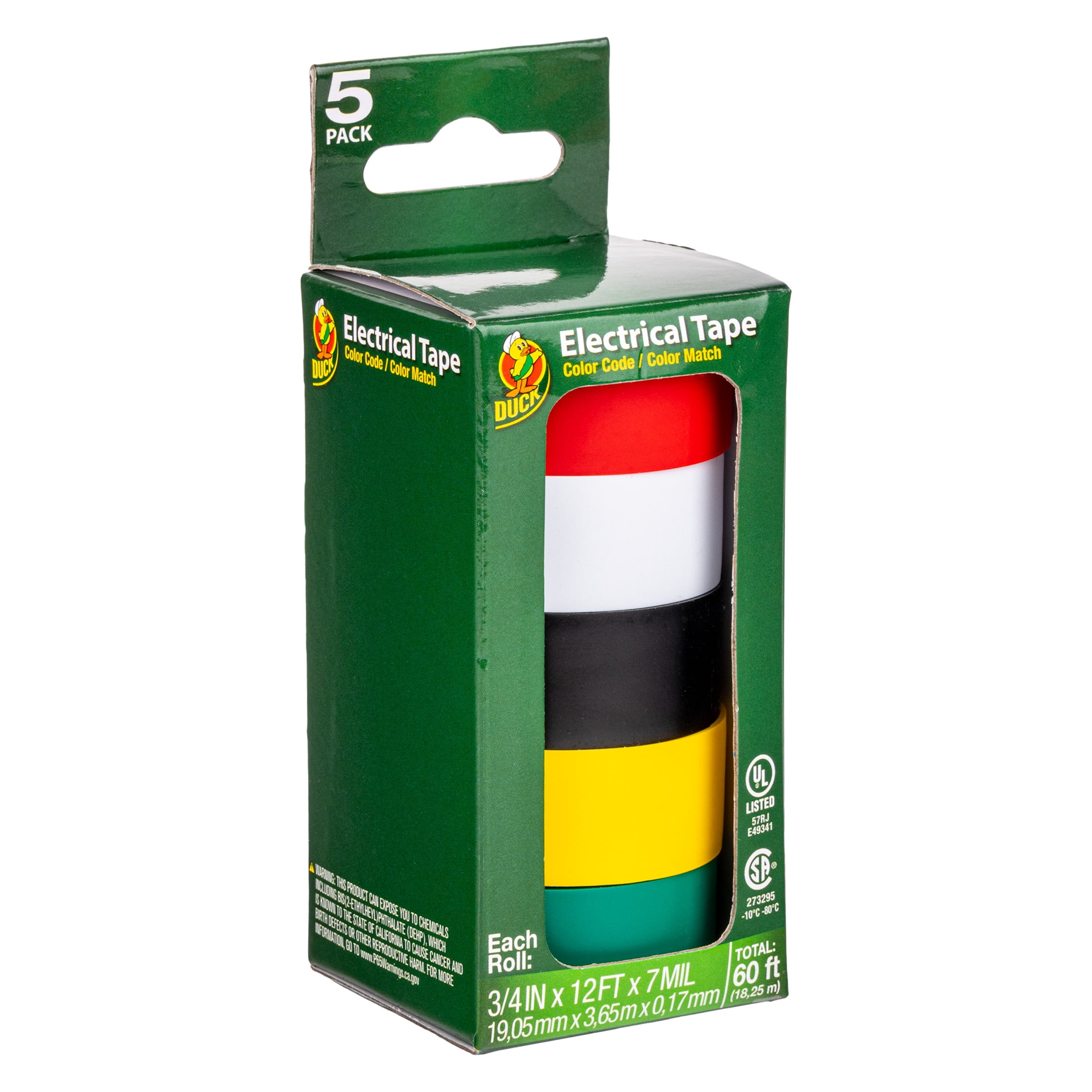 (2 pack) Duck .75 in. x 12 ft. x 7 mil. Color Coding Electrical Tape, Multi-Color, 5 Pack