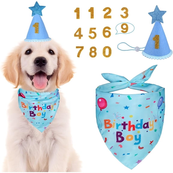 Dog Boy Girl Birthday Party Hat, Dog Birthday Party Supplies, Birthday Bandana Set with Numbers for Gaint and Extra Large Dogs (Blue)