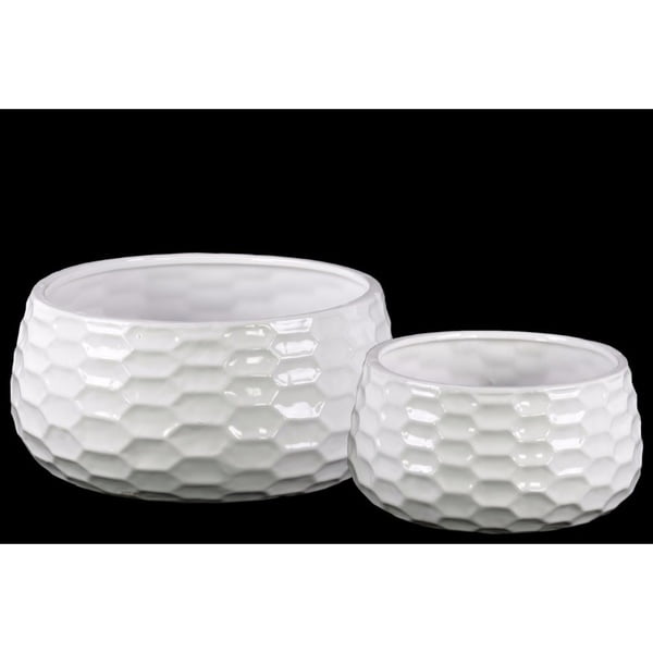 Pot Rond en Céramique en Forme de Bol avec Design Peigne à Miel, Ensemble de Deux, Blanc