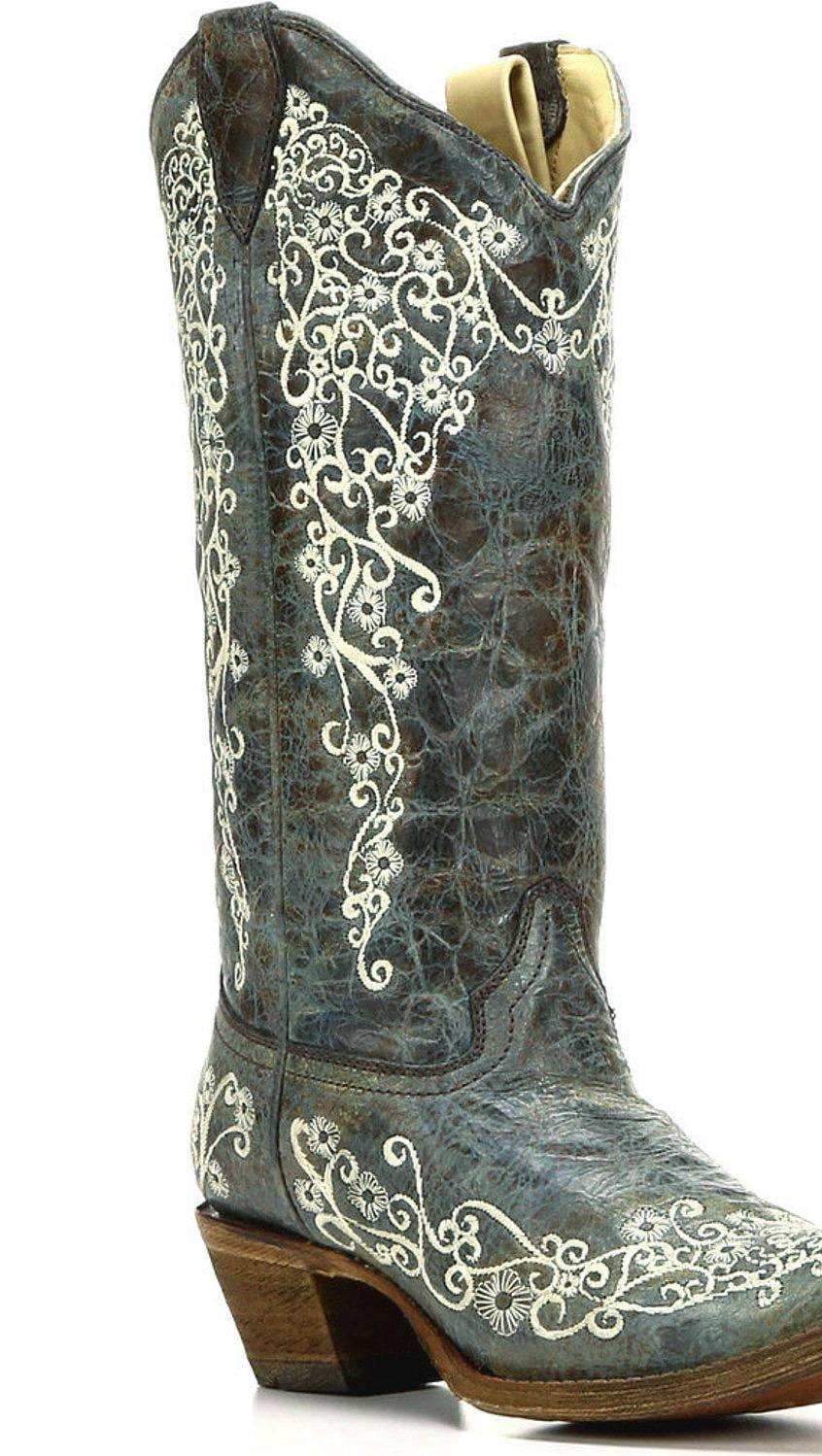 Corral Womens 12-inch Brown Turquoise/Beige Embroidery Snip Toe Pull-On Cowboy Boots 