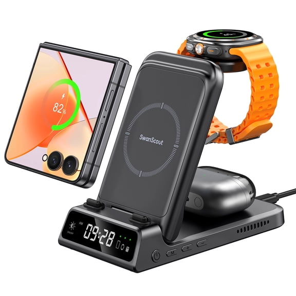 SwanScout Charging Station for Samsung Galaxy Z Flip 7/7 FE/6/5/4/3, Wireless Charger for Galaxy Watch 8/8 Classic/Ultra/7/6/6 Classic/5/5 Pro/4, Galaxy Buds 3 Pro/3, SwanScout 703F (No Adapter)