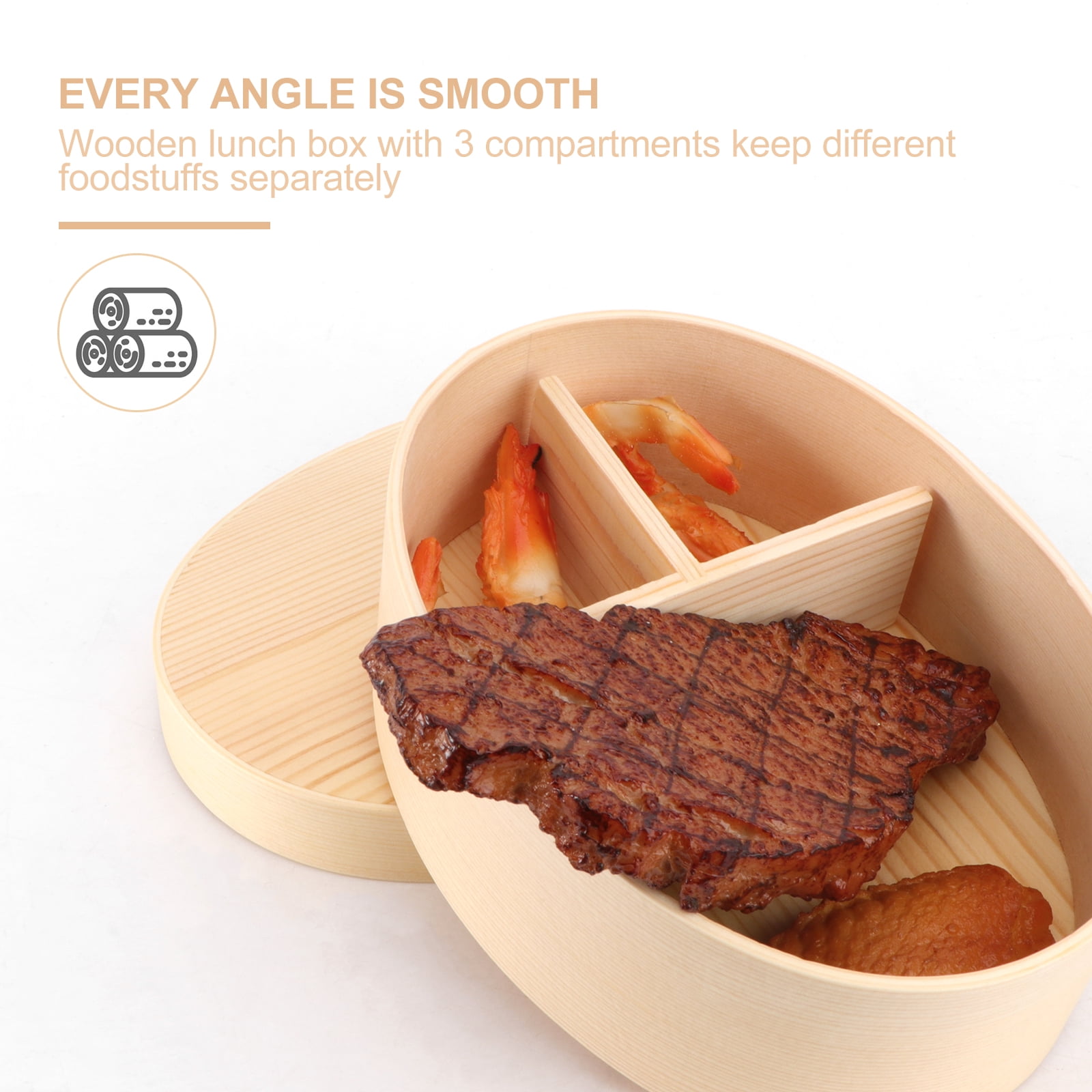 Japanese Wooden Lunch Box for Food Storage with 3 Compartments Beige Color Portable
