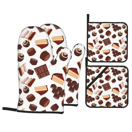 

Oven Mitts and Pot Holders 4 Piece Chocolate Dessert Print High Heat Slip Resistant Oven Mitt and Trivets Set Kitchen Oven Glove Pot Holders for Cooking Baking Grilling