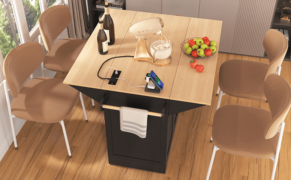 Yoneston 55.7" Kitchen Island with Drop Leaf and Power Outlet, Rolling Kitchen Cart with Spice Towel Rack, Folding Storage Dining Table with 3 Drawers 2 Doors for Kitchen Dining Room, Black