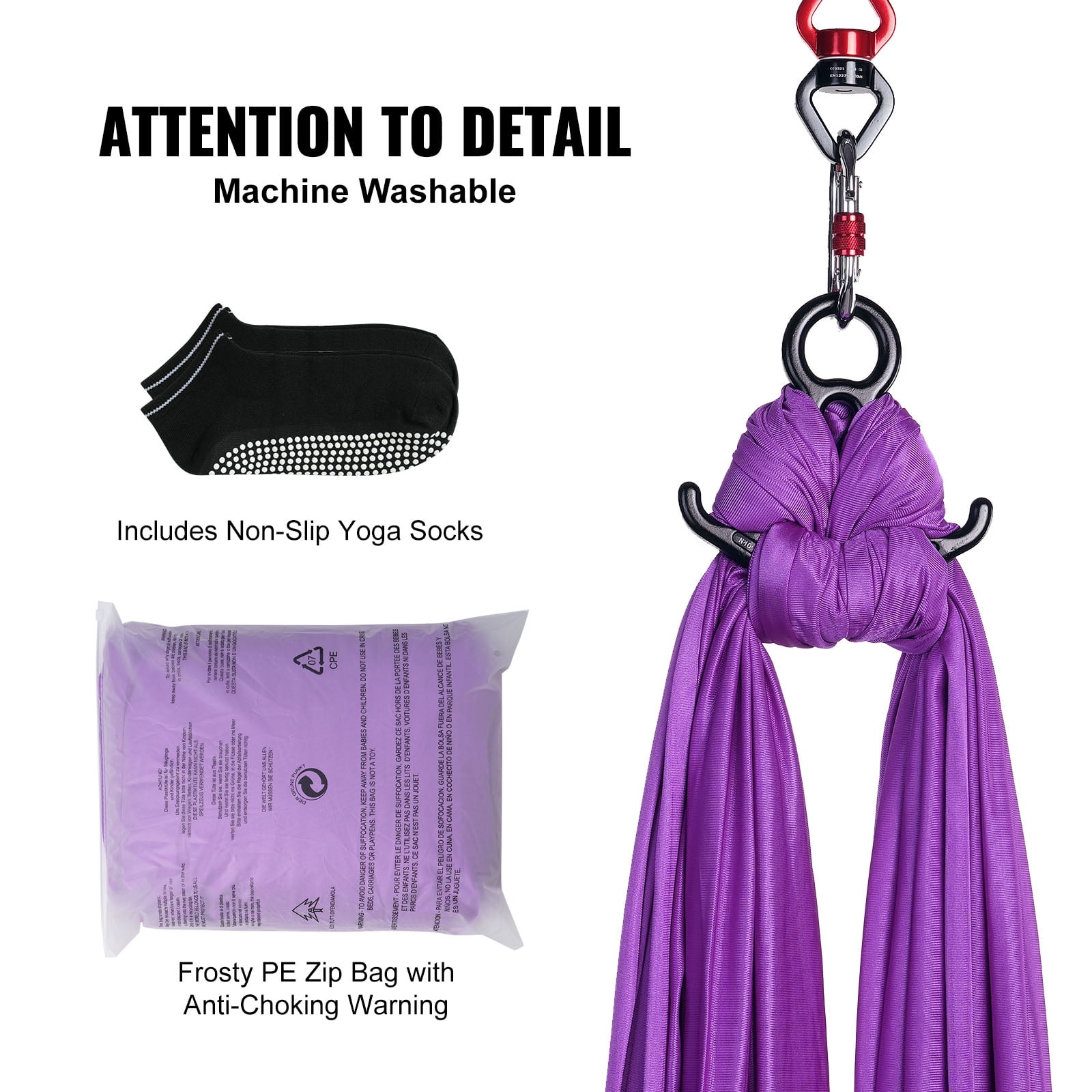 KFFKFF Aerial Silk & Yoga Swing, Aerial Yoga Hammock Kit, Nylon, 9×3.06 yards, Purple